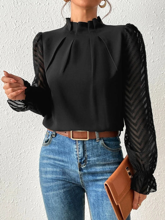 Chique damesblouse met transparante mouwen en verfijnde details – EVELYN SHEER - Glamorix