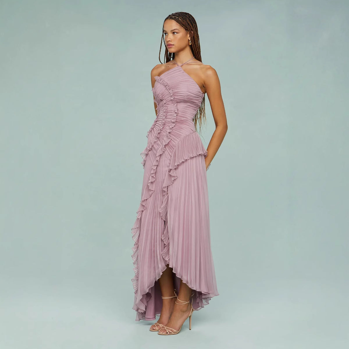 Elegante Damesjurk met Plissé Effect en Halternek – VIVIANE FLOW - Glamorix