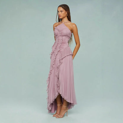 Elegante Damesjurk met Plissé Effect en Halternek – VIVIANE FLOW - Glamorix