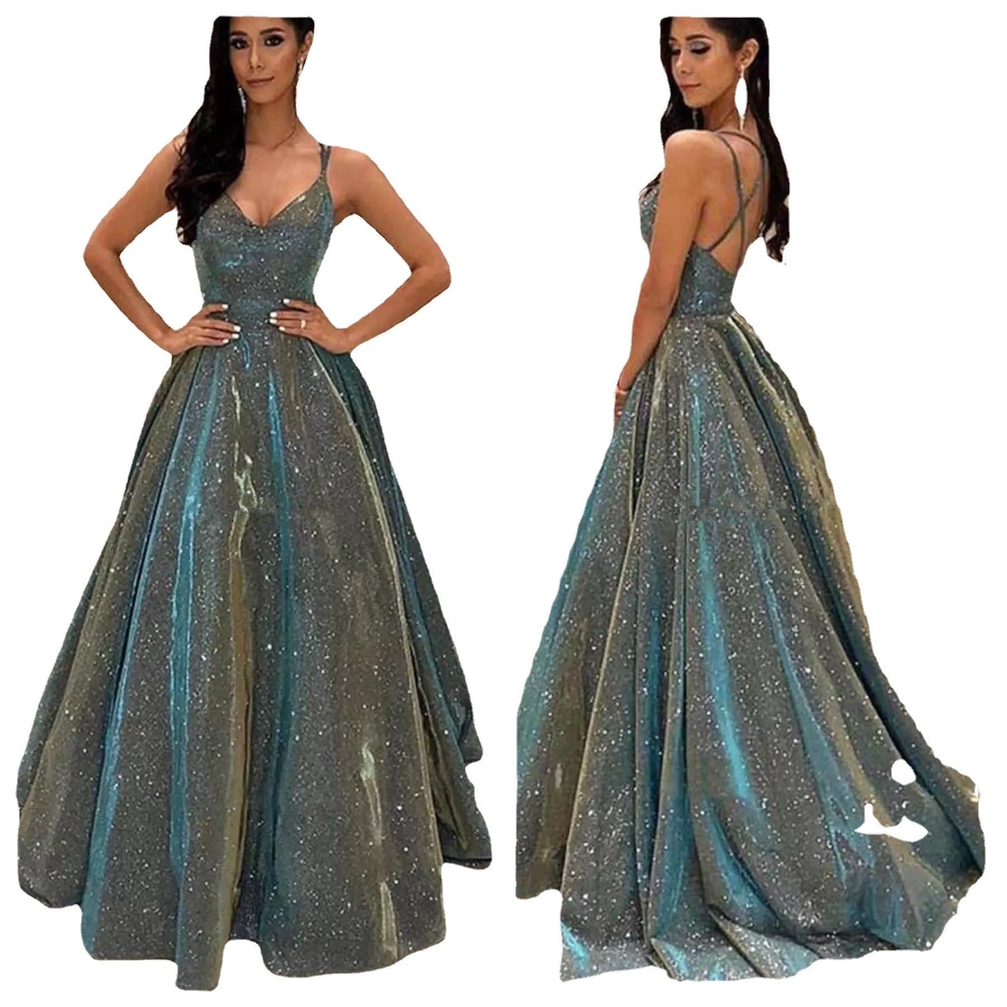 Glanzende avondjurk met diepe V-hals en elegante pasvorm – LUNARA GLOW - Glamorix