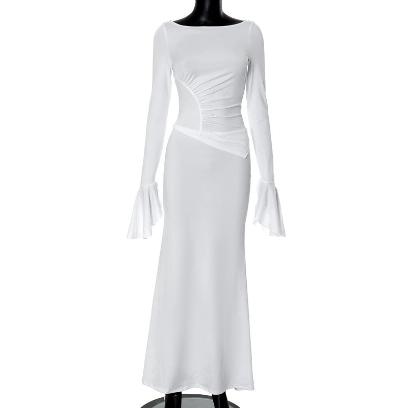 Lange damesjurk met drapering en flared mouwen – ELENORA GRACE - Glamorix