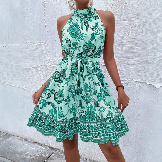 Modieuze halterjurk met losse A-lijn en ceintuur – LUNIA - Glamorix