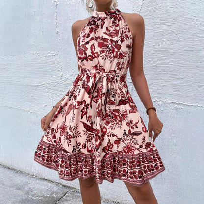 Modieuze halterjurk met losse A-lijn en ceintuur – LUNIA - Glamorix