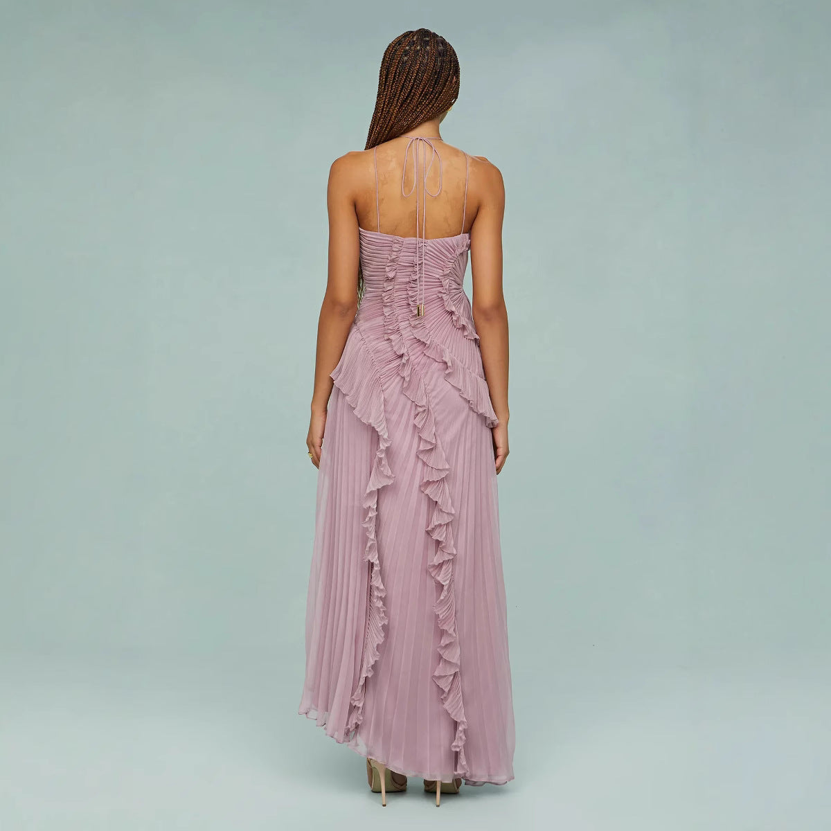 Elegante Damesjurk met Plissé Effect en Halternek – VIVIANE FLOW - Glamorix