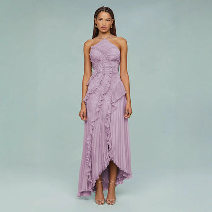 Elegante Damesjurk met Plissé Effect en Halternek – VIVIANE FLOW - Glamorix