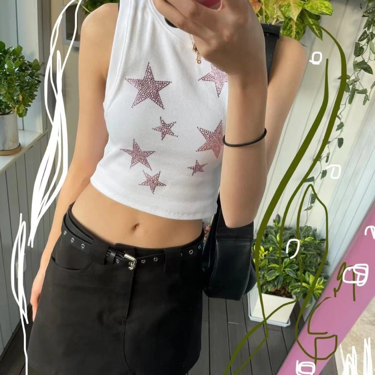 Cropped dames tanktop met strass-sterren en sparkle effect – LUNAYA STARLIT - Glamorix