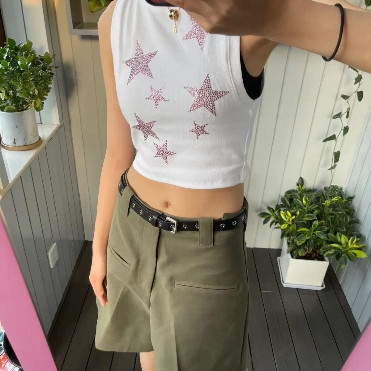 Cropped dames tanktop met strass-sterren en sparkle effect – LUNAYA STARLIT - Glamorix