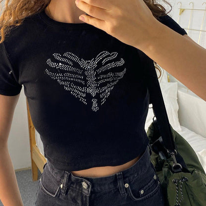 Zwarte dames crop top met strass ribcage-detail – KALYRA SPARK - Glamorix