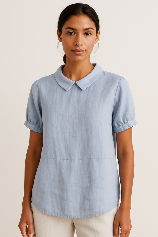 Vrouwelijke damesblouse met ronde kraag en korte mouwen – ELINORA GRACE - Glamorix