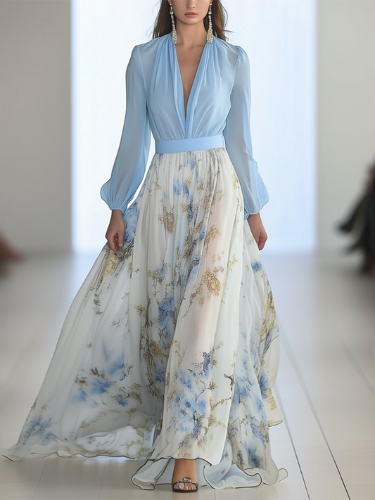 Vrouwen - Lange Avondjurk - Diepe V-hals en Transparante Mouwen - Elegante Maxi Jurk - CATRIONA DRESS - Glamorix