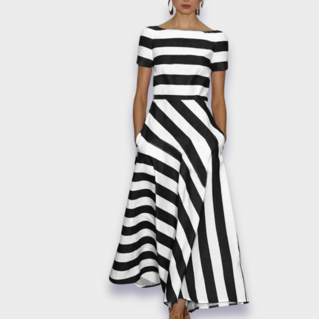 Gestreepte dames midi-jurk met boothals en flatterende pasvorm – NOLA STRIPE - Glamorix