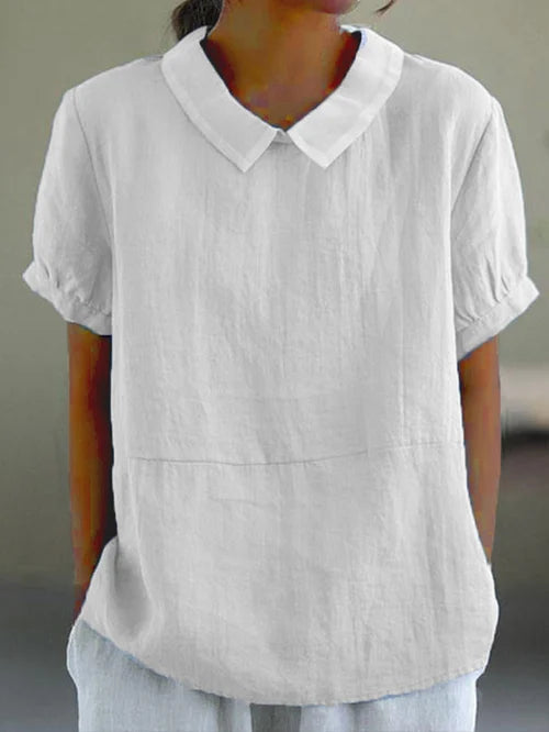 Vrouwelijke damesblouse met ronde kraag en korte mouwen – ELINORA GRACE - Glamorix