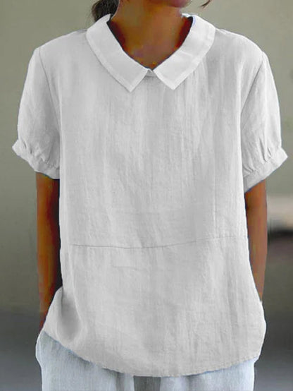 Vrouwelijke damesblouse met ronde kraag en korte mouwen – ELINORA GRACE - Glamorix