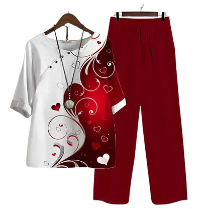 Tweedelige dames set met bloemenprint top en rechte broek – AUREA SET - Glamorix