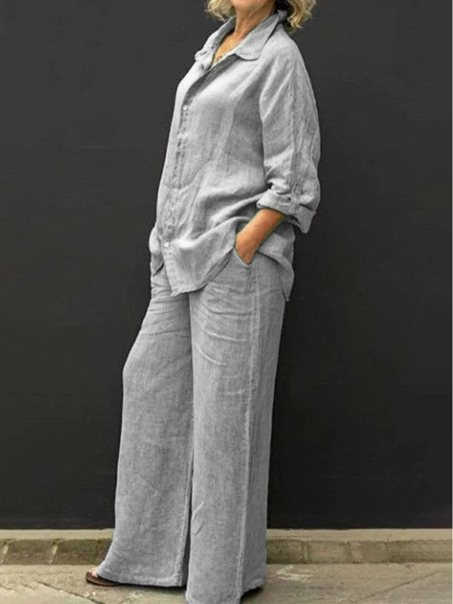 Luchtig damespak met doorknoopblouse en wijde broek – LYNA SET - Glamorix