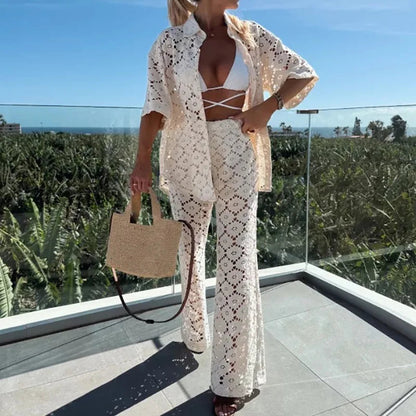 Dames set met opengewerkte top en rechte broek – ZAYLA LUXSET - Glamorix