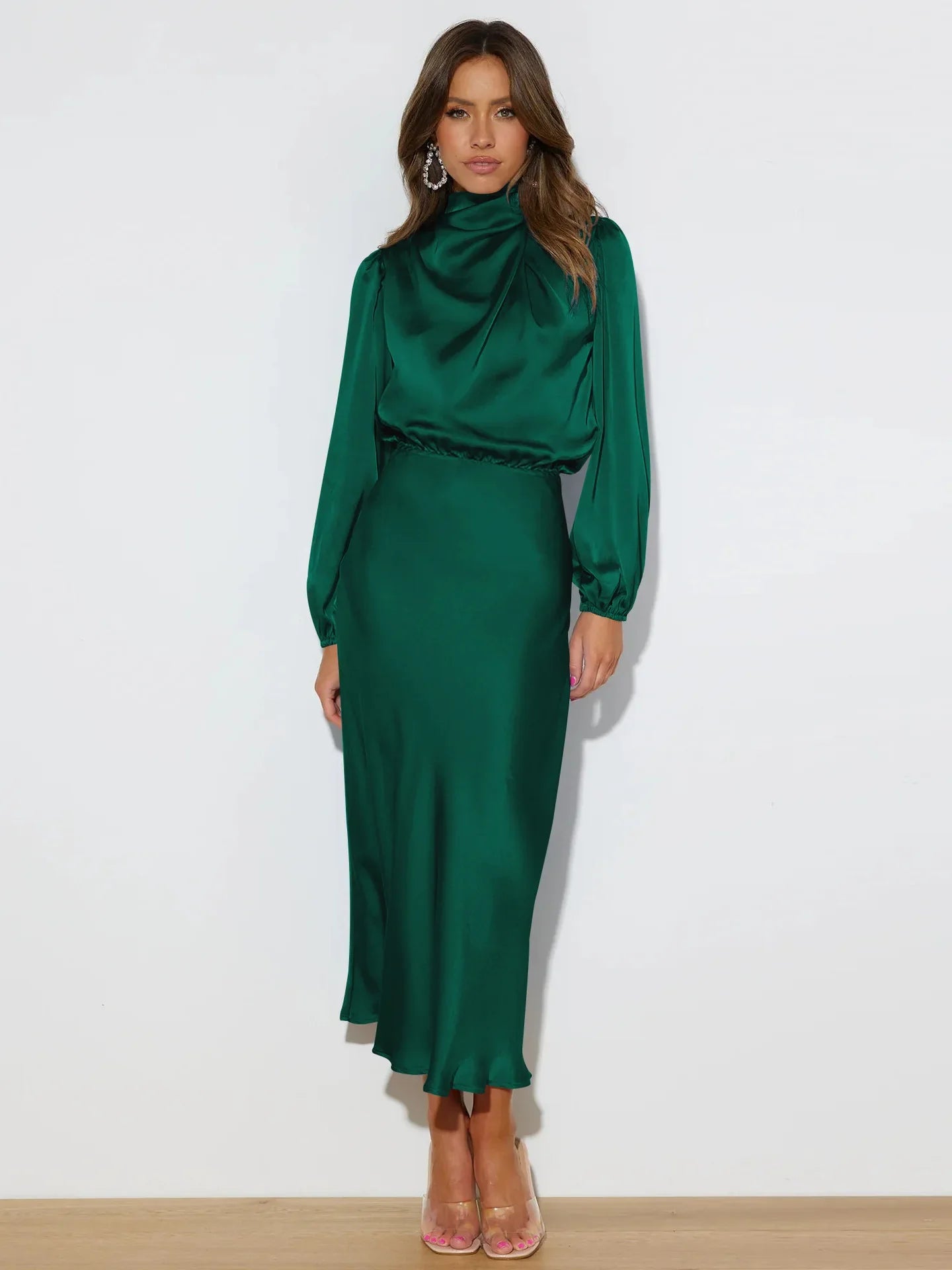 Elegante midi-jurk met hoge hals en lange mouwen – OrayaForm - Glamorix