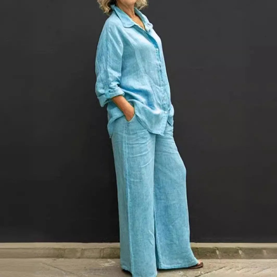 Luchtig damespak met doorknoopblouse en wijde broek – LYNA SET - Glamorix