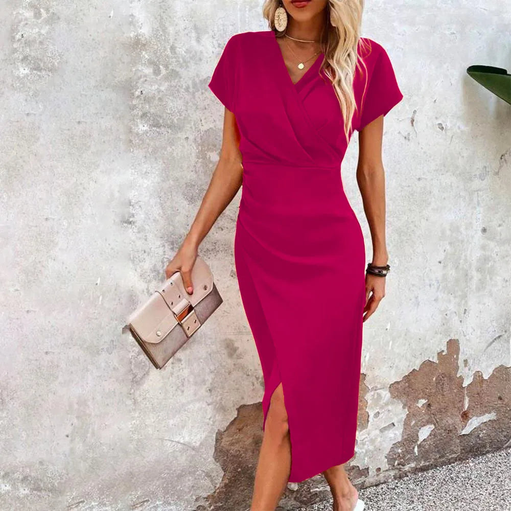 Elegante midi-wikkeljurk met korte mouwen en split – ISLA WRAP - Glamorix