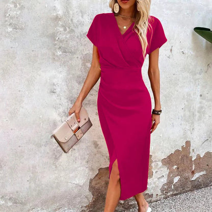 Elegante midi-wikkeljurk met korte mouwen en split – ISLA WRAP - Glamorix