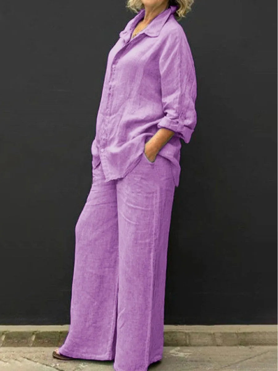 Luchtig damespak met doorknoopblouse en wijde broek – LYNA SET - Glamorix