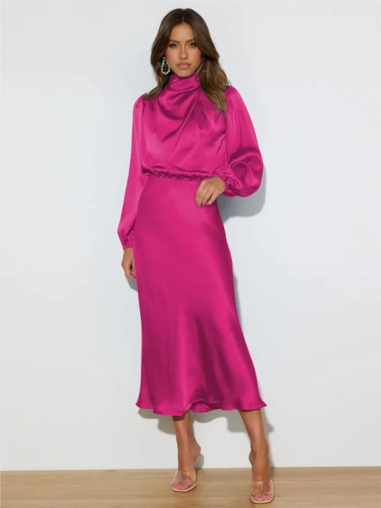 Elegante midi-jurk met hoge hals en lange mouwen – OrayaForm - Glamorix