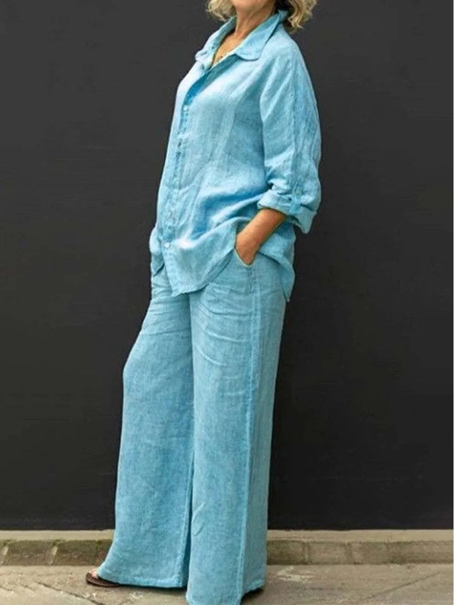 Luchtig damespak met doorknoopblouse en wijde broek – LYNA SET - Glamorix