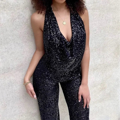 Feestelijke halter jumpsuit met pailletten voor dames – Glimra - Glamorix