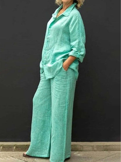 Luchtig damespak met doorknoopblouse en wijde broek – LYNA SET - Glamorix