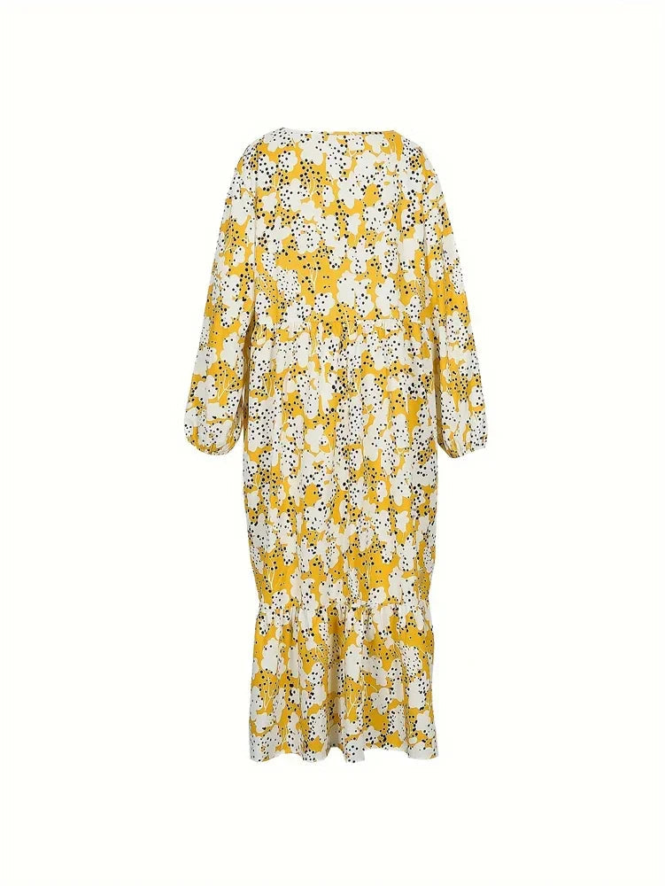 Elegante maxi zomerjurk met speelse print en V-hals – LUNARA FLOW - Glamorix
