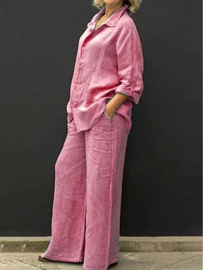 Luchtig damespak met doorknoopblouse en wijde broek – LYNA SET - Glamorix