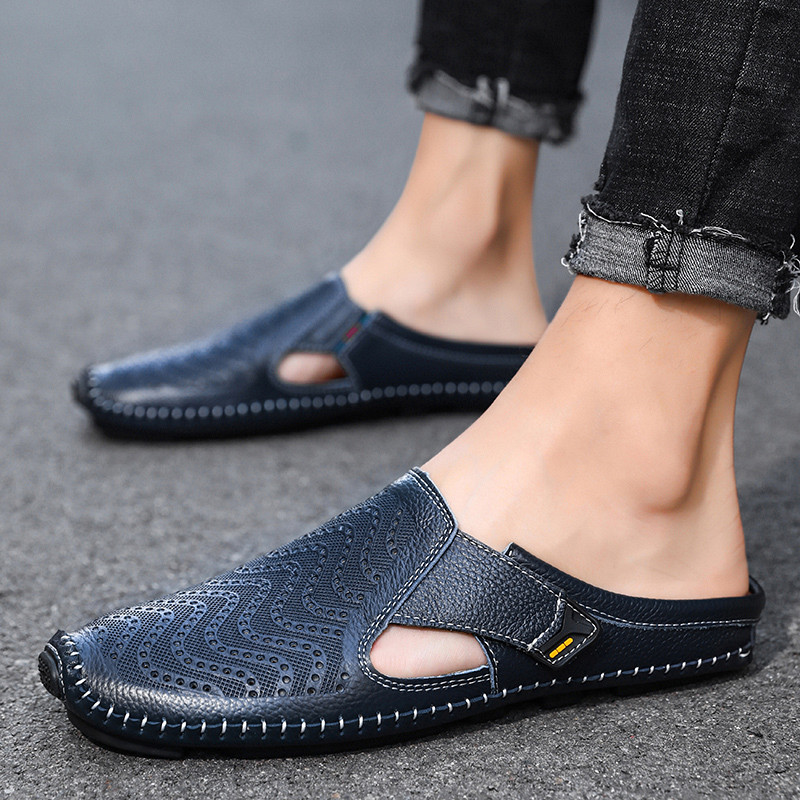 Leren herenmuil met open zijkanten en handgestikte zool – VARENO SLIP - Glamorix