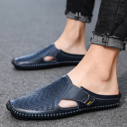 Leren herenmuil met open zijkanten en handgestikte zool – VARENO SLIP - Glamorix