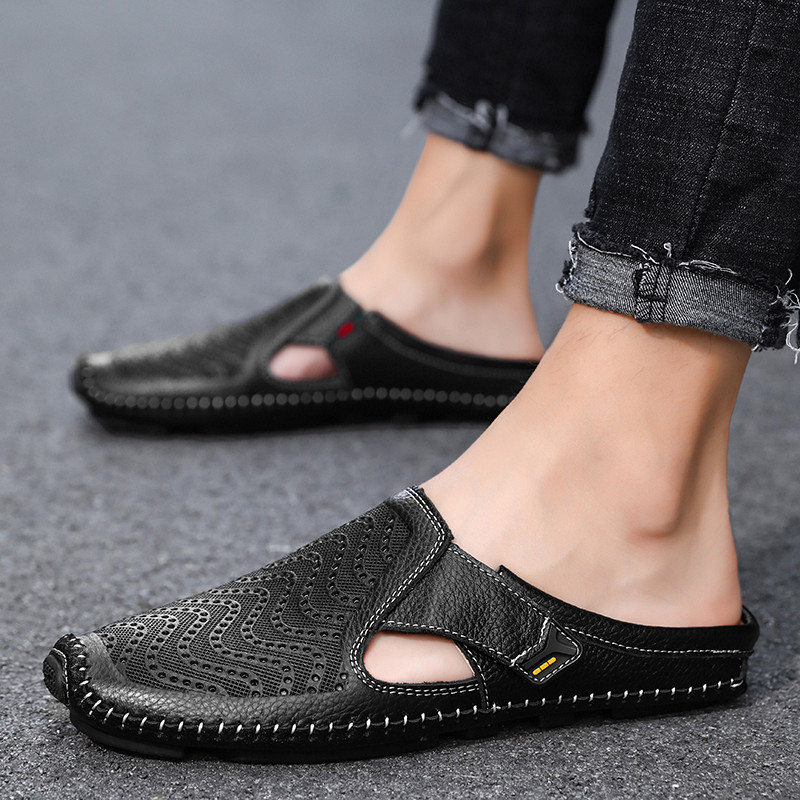 Leren herenmuil met open zijkanten en handgestikte zool – VARENO SLIP - Glamorix