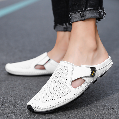 Leren herenmuil met open zijkanten en handgestikte zool – VARENO SLIP - Glamorix