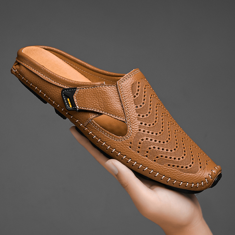 Leren herenmuil met open zijkanten en handgestikte zool – VARENO SLIP - Glamorix