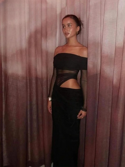 Verleidelijk off-shoulder bodycon jurk met mesh details – VivaSculpt - Glamorix