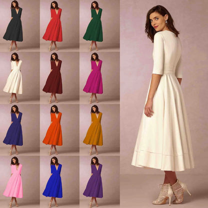 Vrouwelijke midi-jurk met V-hals en halve mouwen – SOLEA GRACE - Glamorix