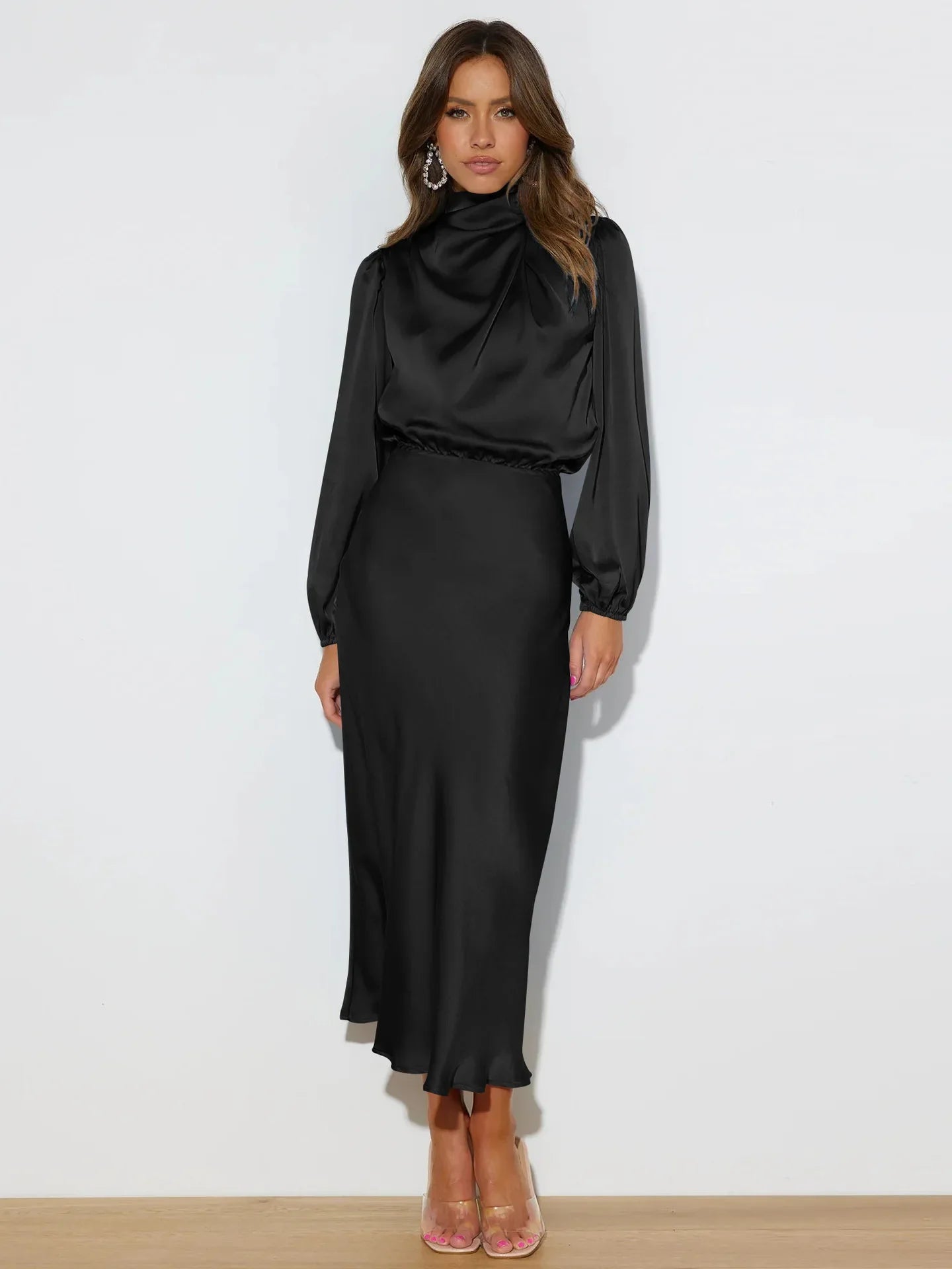 Elegante midi-jurk met hoge hals en lange mouwen – OrayaForm - Glamorix