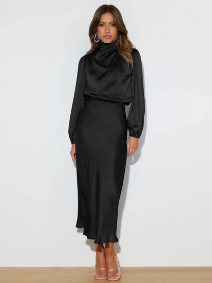 Elegante midi-jurk met hoge hals en lange mouwen – OrayaForm - Glamorix