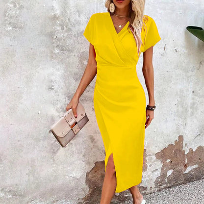 Elegante midi-wikkeljurk met korte mouwen en split – ISLA WRAP - Glamorix