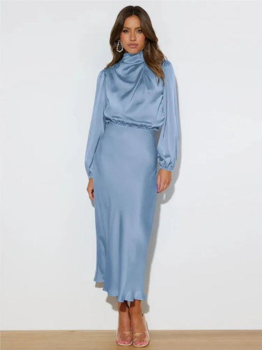 Elegante midi-jurk met hoge hals en lange mouwen – OrayaForm - Glamorix