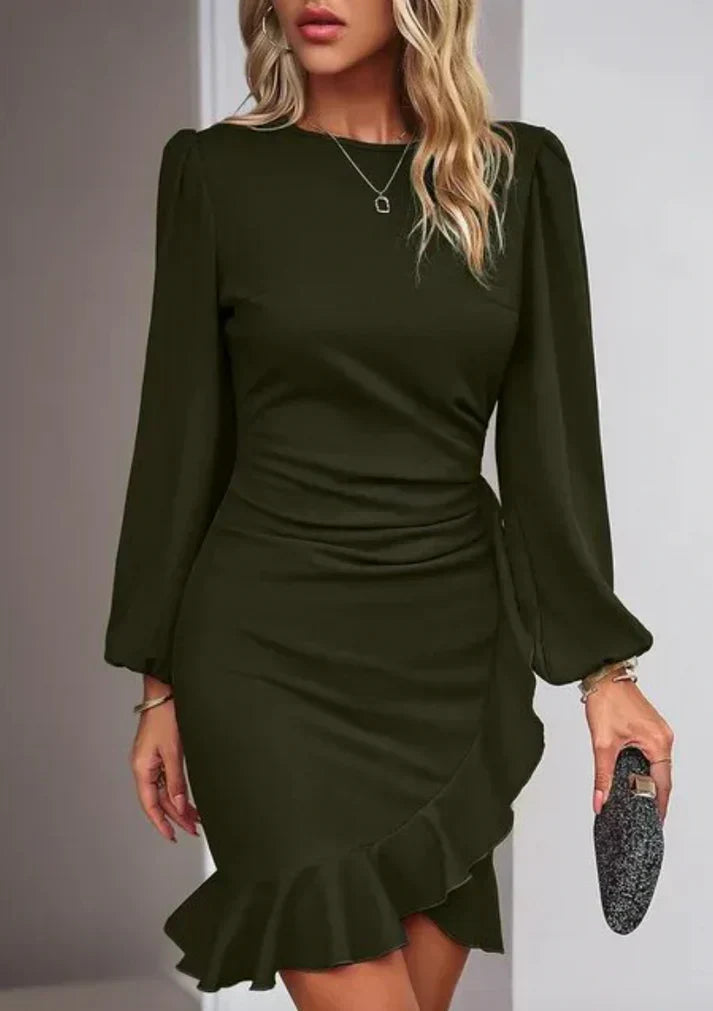 Elegante mini-jurk met ruches en lange mouwen – SELENE - Glamorix