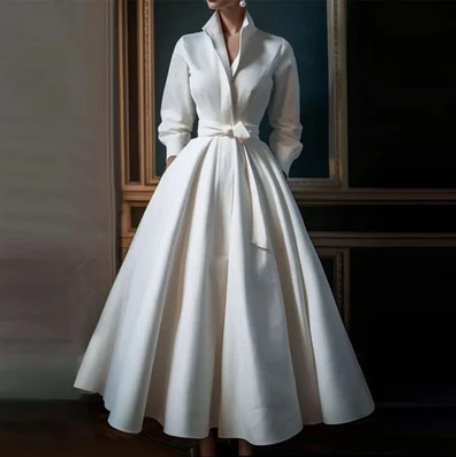 Elegante A-lijn maxi-jurk met lange mouwen voor dames – LIVARIA - Glamorix
