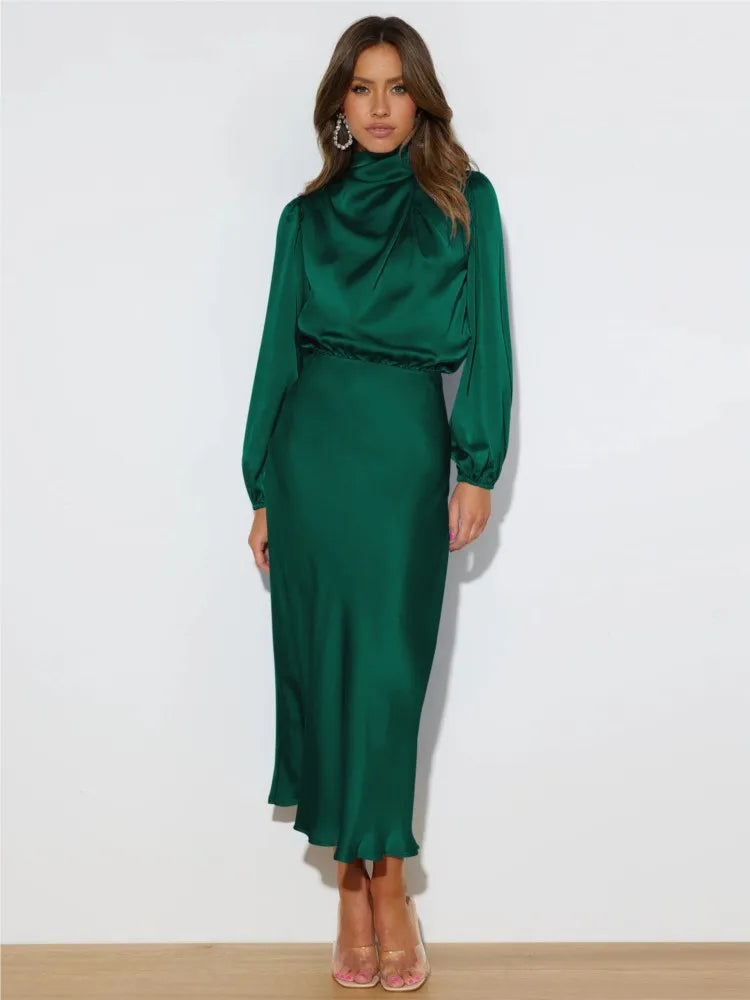 Elegante midi-jurk met hoge hals en lange mouwen – OrayaForm - Glamorix