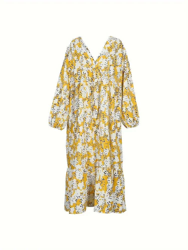 Elegante maxi zomerjurk met speelse print en V-hals – LUNARA FLOW - Glamorix