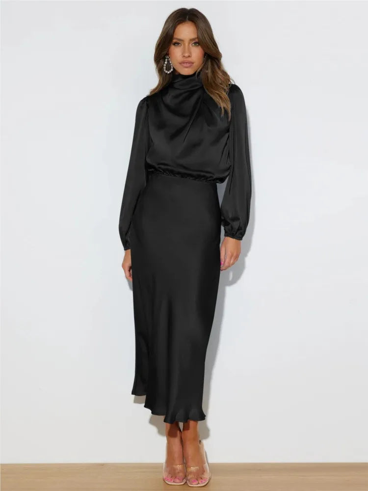 Elegante midi-jurk met hoge hals en lange mouwen – OrayaForm - Glamorix