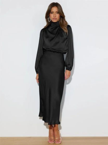 Elegante midi-jurk met hoge hals en lange mouwen – OrayaForm - Glamorix