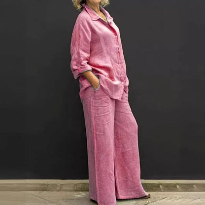 Luchtig damespak met doorknoopblouse en wijde broek – LYNA SET - Glamorix