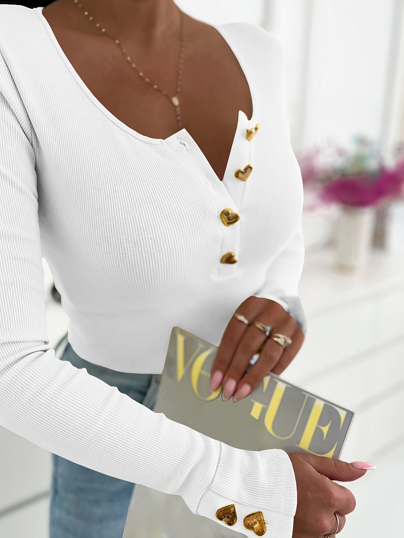 T-Shirt Langarm - Knoopfront Met Gouden Knopen En Pasvorm - Glamorix